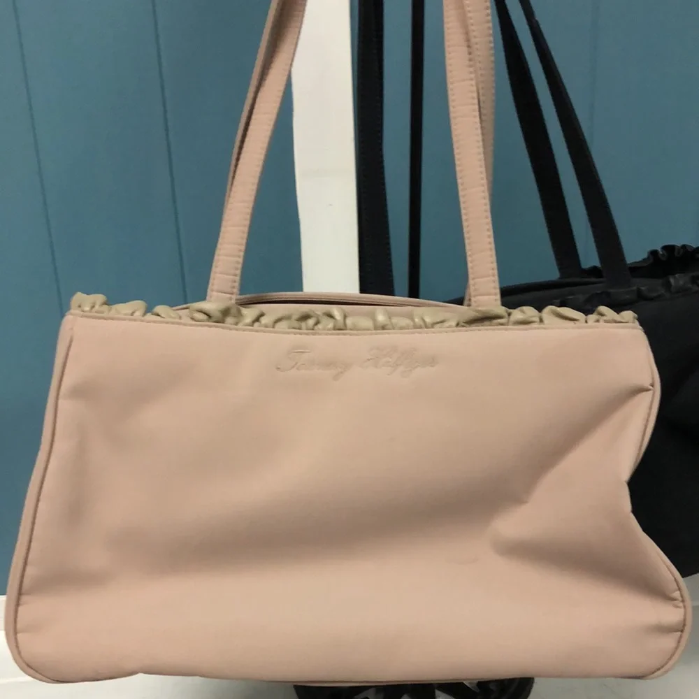 Lot‎ of 2 Vtg Tommy Hilfiger tan & black suede trim vinyl purses 12” x 7.5”